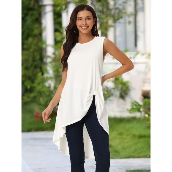 High Low Hem Tops Sleeveless Tunic Top Crewneck Dressy Casual Shirts White - Picture 2 of 6